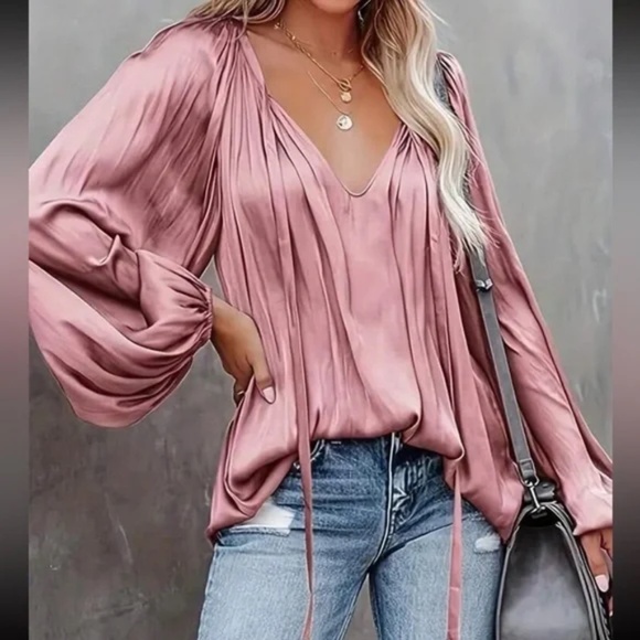 Luxe Satin Neck Tie Lantern Long sleeve Blouse - Picture 9 of 13